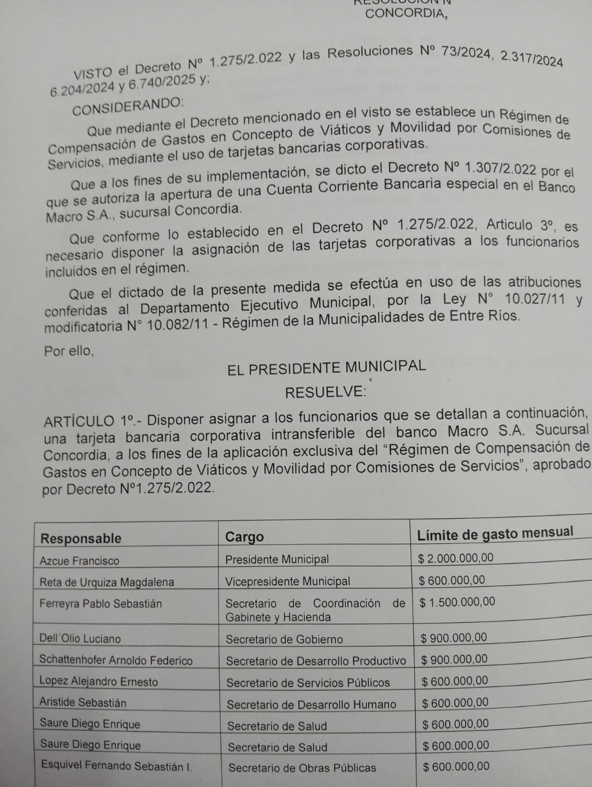 TARJETAS POR MILLONES PARA FUNCIONARIOS DE LA MUNICIPALIDAD DE CONCORDIA